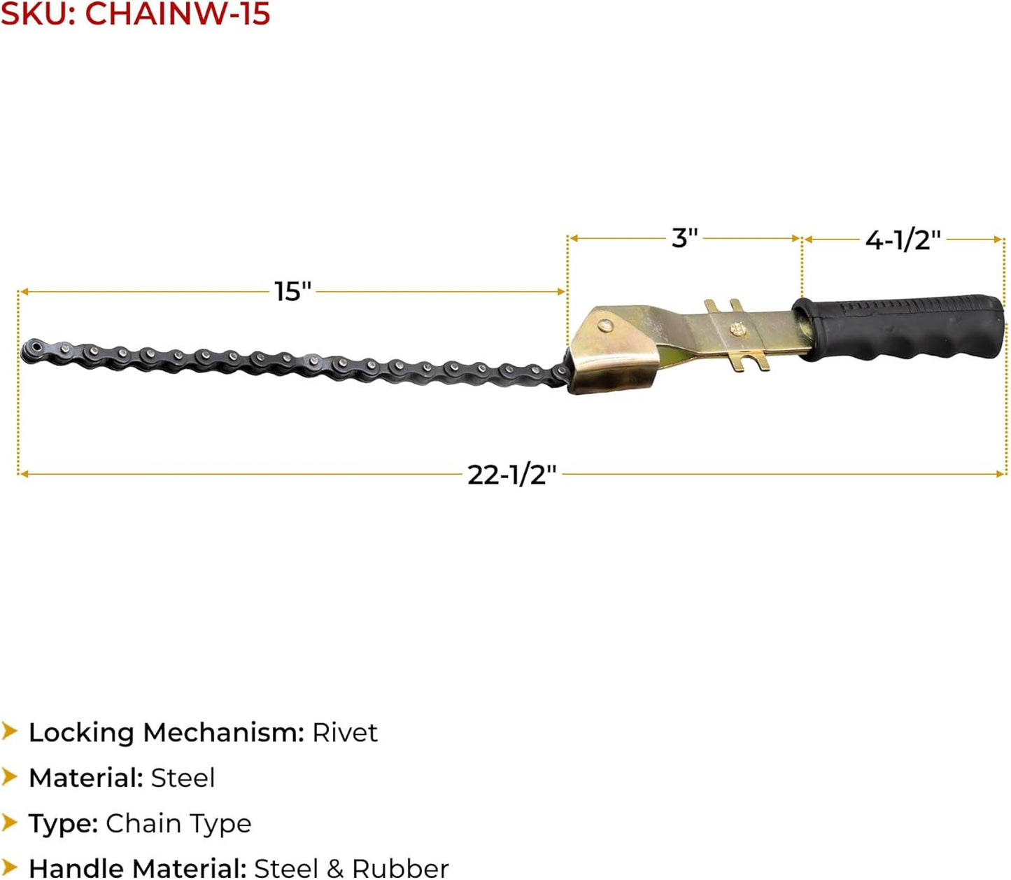 Mytee Products 15" Heavy-Duty Oil Filter Chain Wrench for 4" Diameter Filters – Rivet Locking Mechanism & Ideal for Chain Oil Filter Remover & General Maintenance Tasks