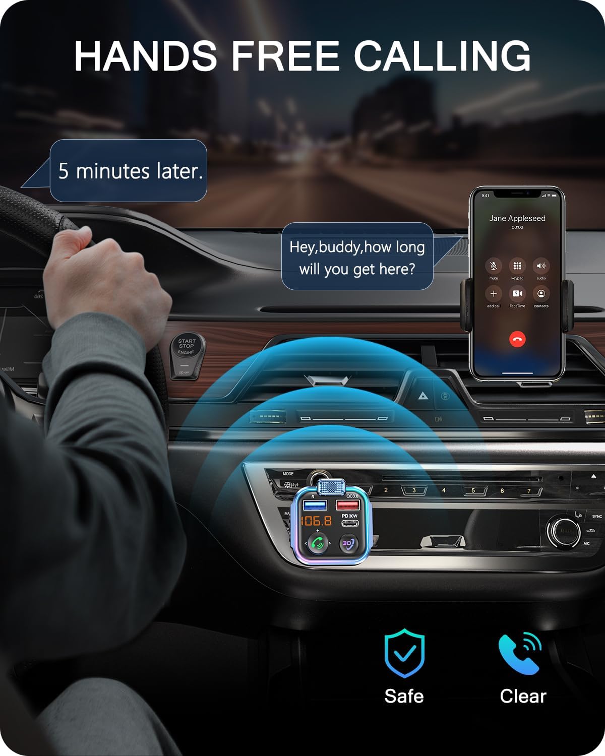 LENCENT Bluetooth 5.3 FM Transmitter, Wireless Radio Adapter Car Kit with Type-C PD 30W+ QC3.0 Fast USB Charger, Hands-Free Calling, Audio Stereo Mp3 Player Receiver, Supports U Disk, Color Light