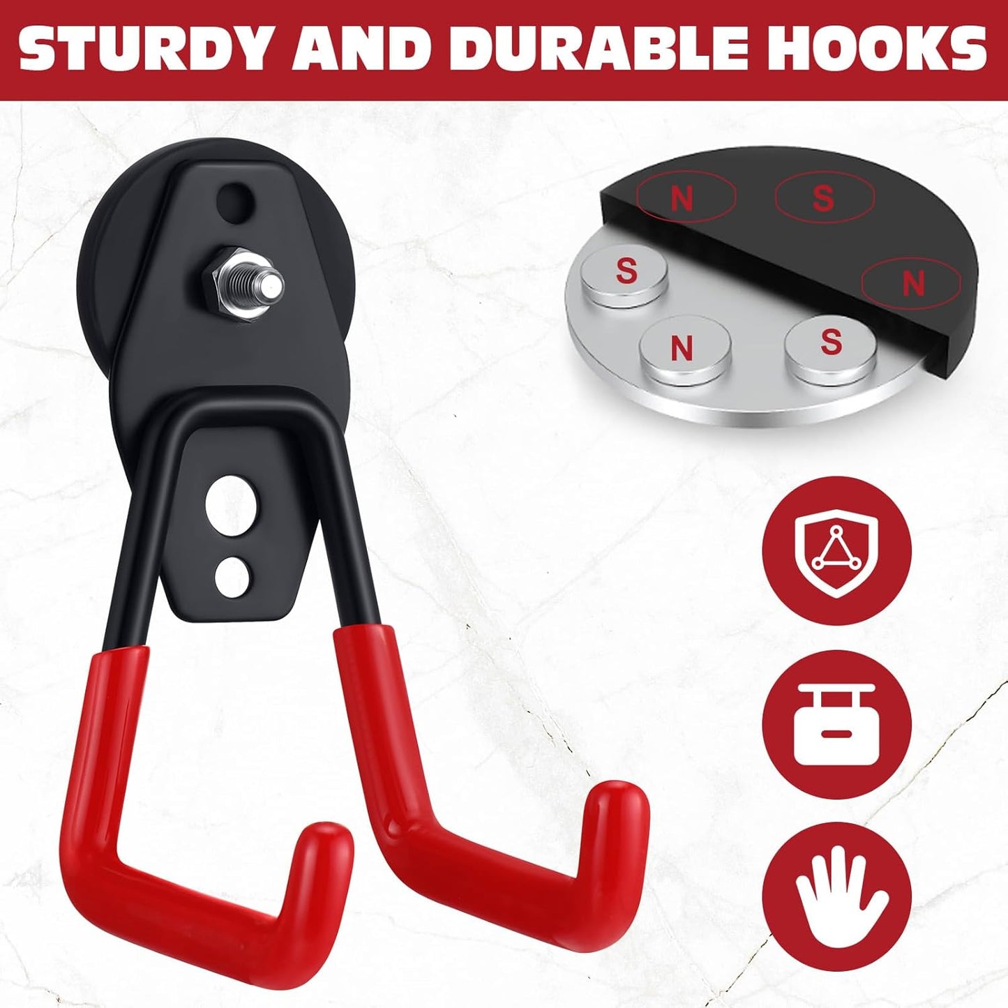 Landhoow Large Magnetic Hooks Heavy Duty Garage Magnet Hooks Strong Storage Utility Magnetic Hangers with Anti Slip Rubber Coating for Indoor and Outdoor Hanging(Red,6 Pcs)