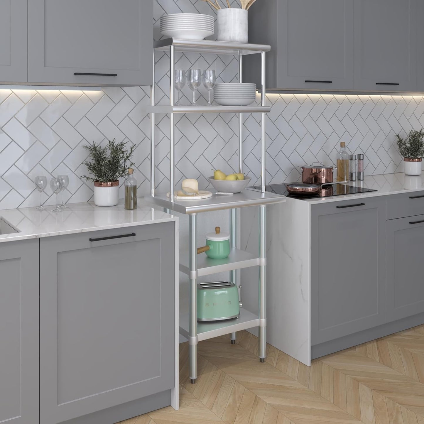 Amgood Stainless Steel Work Table with 2 Shelves | Metal Kitchen Prep Table & Shelving Combo (18" x 24" Table with 2 Shelves + 12" Overshelf)