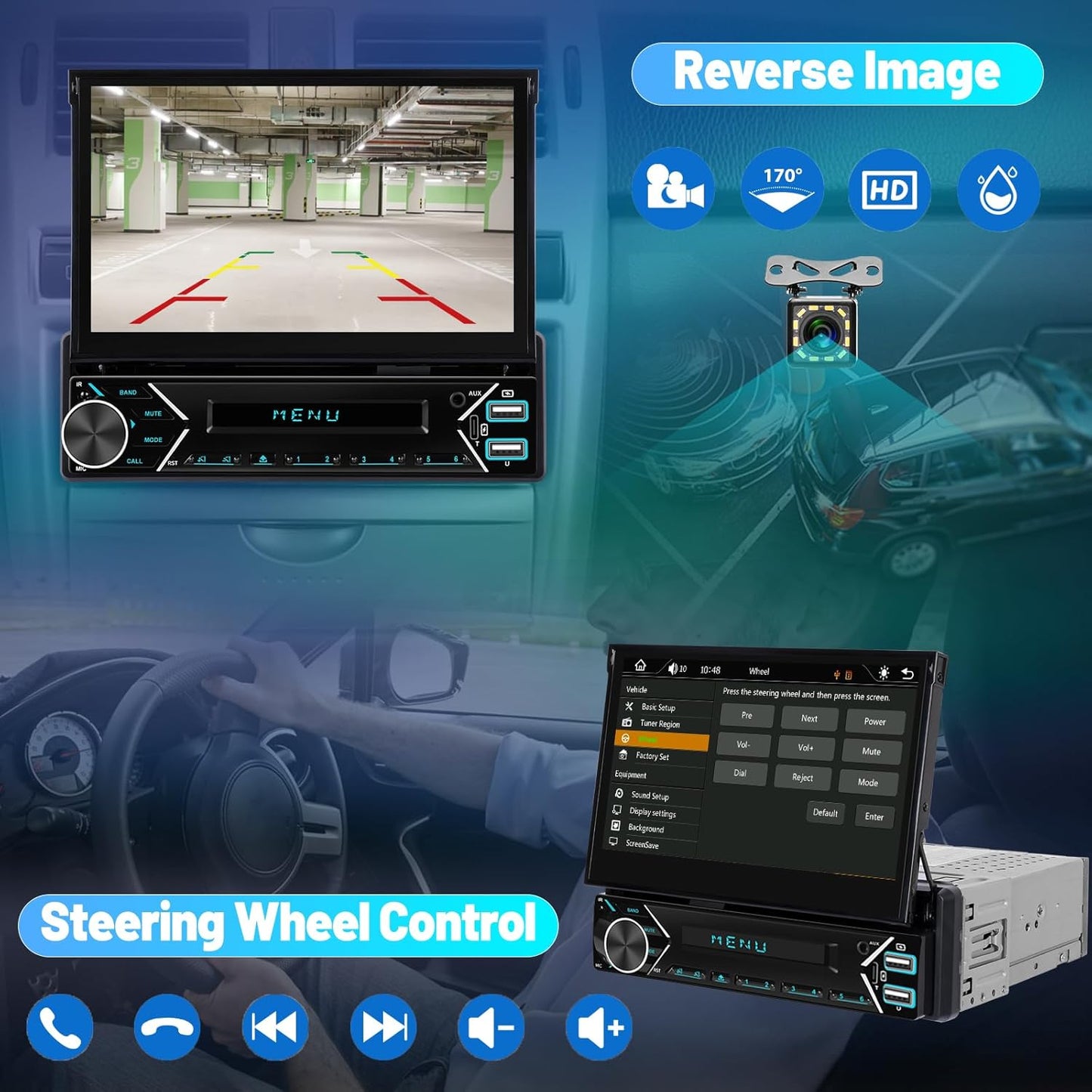 Single Din Car Stereo with Wireless Carplay and Android Auto - 7 Inch Automatic Flip Out Touchscreen Car Radio - Bluetooth/Mirror Link/SWC/FM + 12leds Backup Camera