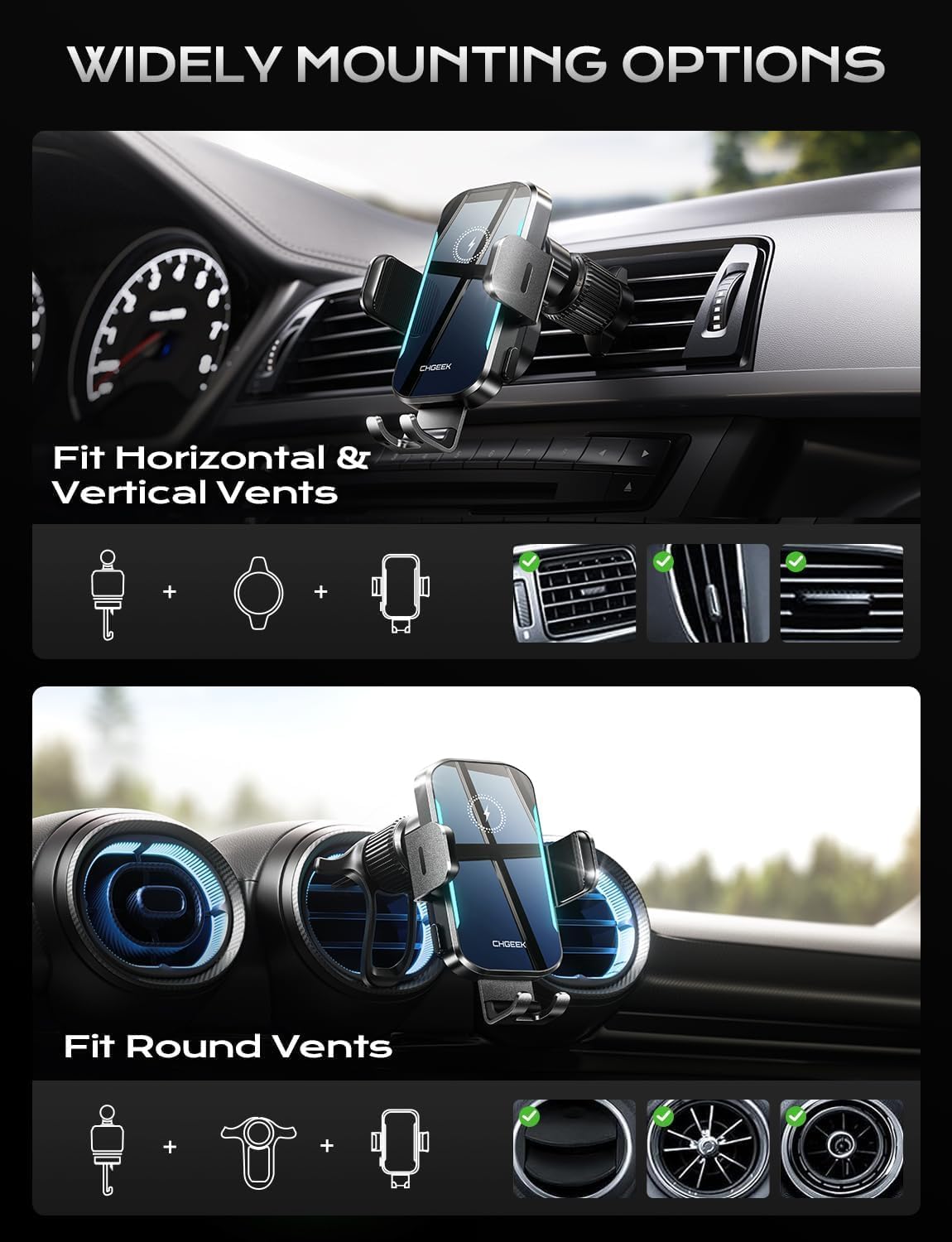 CHGeek 15W Wireless Car Charger – Auto-Clamping Qi Fast Charging Vent Mount with LED Light; Compatible with iPhone 13-16 & Samsung S22-S24 (Knight Black)