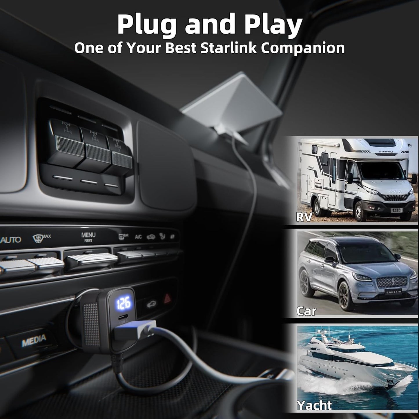 Starlink Mini Power Cable DC Cigarette Lighter Power Cable 10 Feet with Type-C Port, QC 3.0 Port & Voltmeter Display, 3-in-1 Starlink Mini DC Cable Fast Charging for Car Truck RV Ship