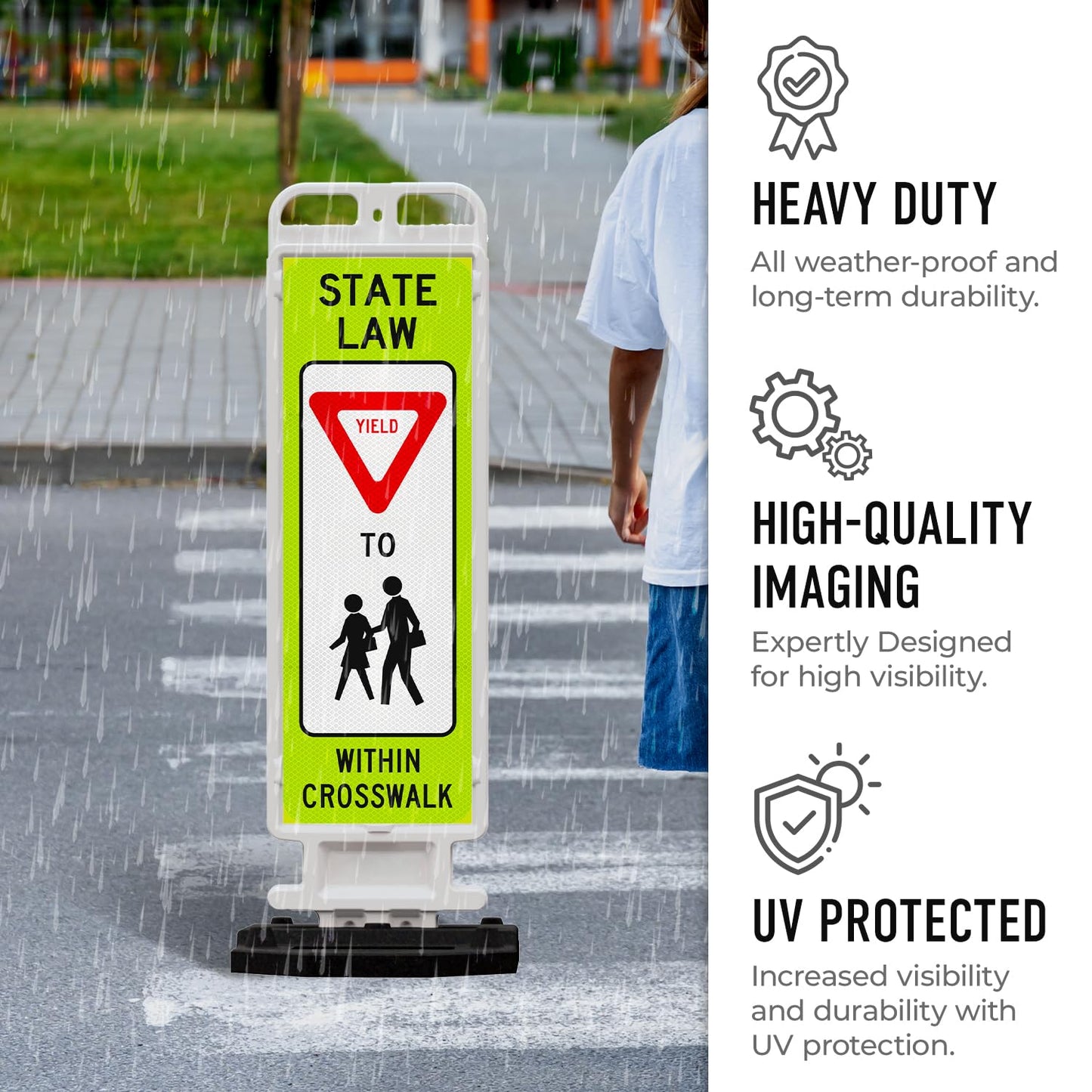 State Law Yield for Pedestrian in Crosswalk R1-6a MUTCD Sign, Double Sided 3M Engineer Grade Reflective, Portable Rubber Base, Impact Resistant Plastic Frame