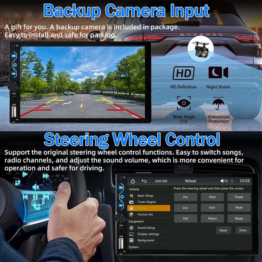 Leadfan Double Din Car Stereo with Apple Carplay and Android Auto,7 Inch Full HD Touchscreen Car Radio Bluetooth, Car Stereo with Backup Camera,Support Mirror Link,Steering Wheel,USB/AUX/Subwoofer