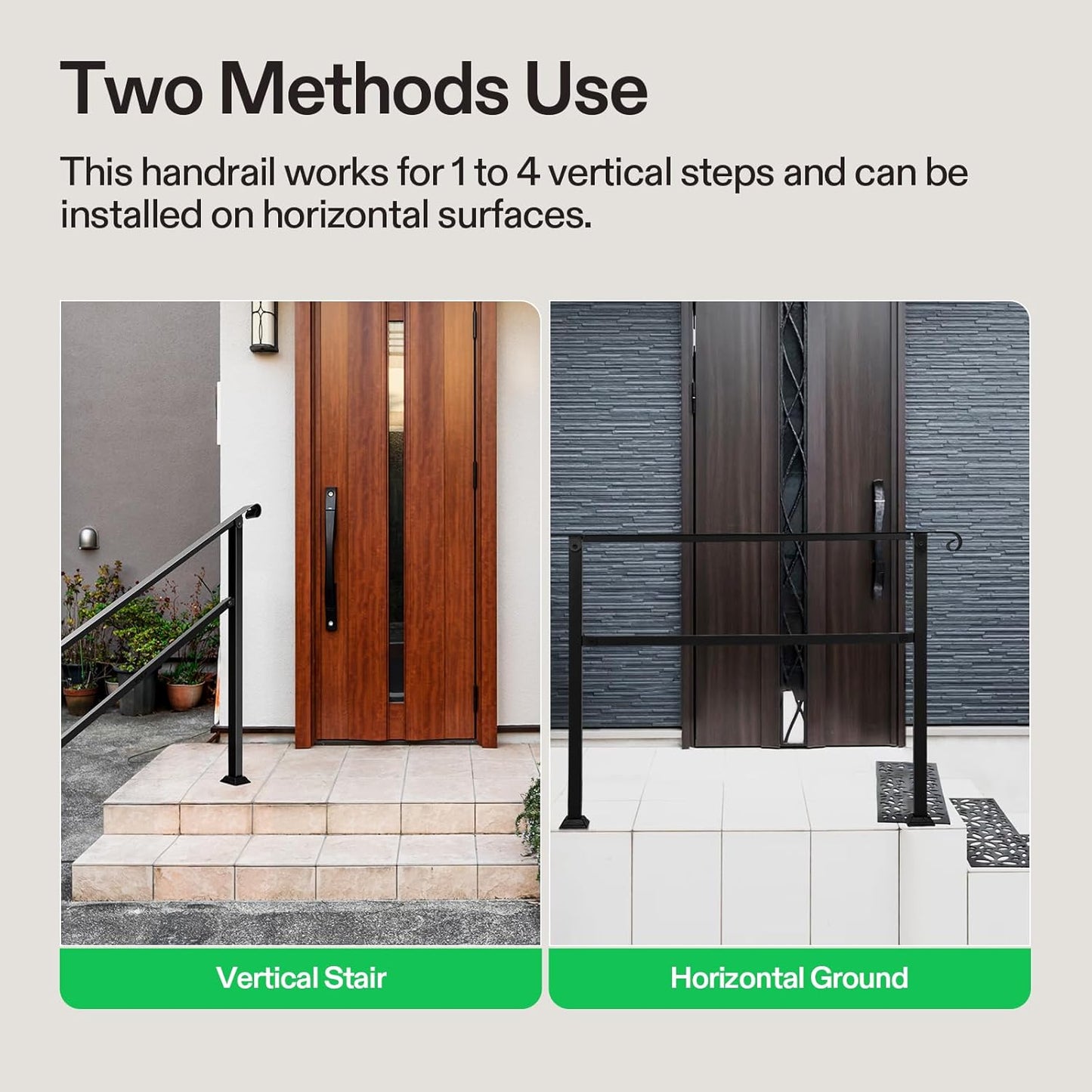 VIVOSUN Outdoor Handrail, 54" x 36" Fits 1-4 Steps, Wrought Iron Stair Railing with Curved Ends, One-Step Assembly, Black