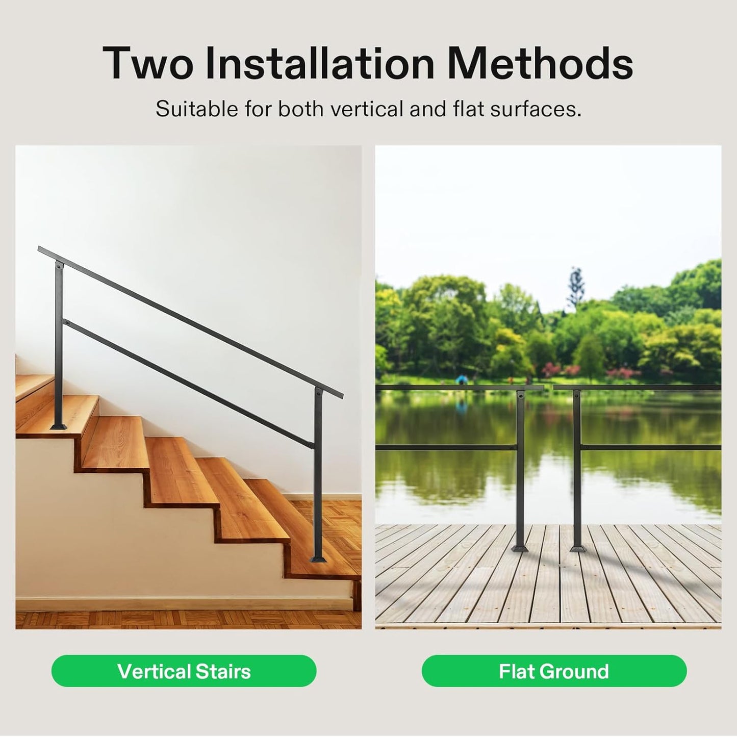 VIVOSUN 2-Pack Outdoor Handrail, 5 Step Stair Handrail, 69" x 36" Fits 1 to 5 Steps, Wrought Mattle Iron Handrail for Concrete Steps, Porch Steps, One-Step Assembly, 2 Packs, Black