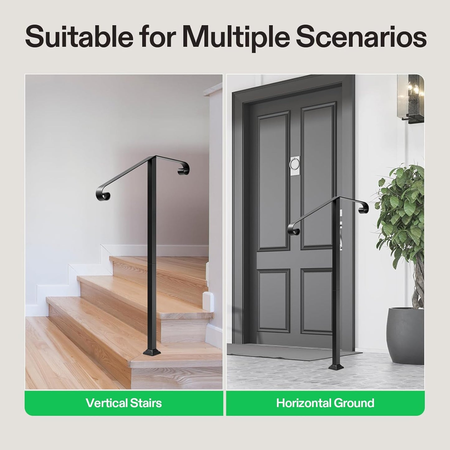 VIVOSUN Outdoor Handrail, 2 Step Stair Handrail, 21.6" x 39" Fits 1 to 2 Steps, Wrought Mattle Iron Stair Railing with Dual Curved Ends for Concrete Steps, Porch Steps, One-Step Assembly, Black