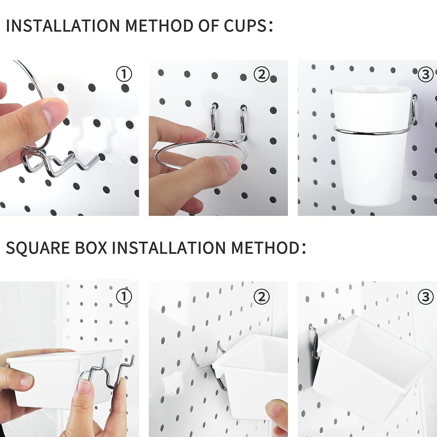 6 Sets Pegboard Bins Cups with Hooks Loops, Pegboard Hooks Assortment, Hooks for Pegboard Cup Holder for Tools Accessory Storage Organizer for Office Workshop Garage Workbench White