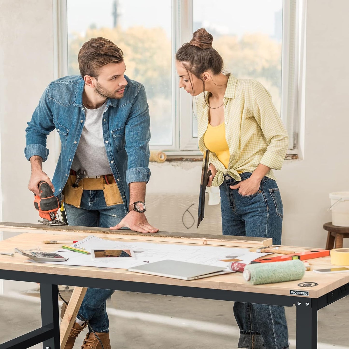 WORKPRO 60" Adjustable Workbench, Rubber Wood Top Heavy-Duty Workstation, 2000 LBS Load Capacity Hardwood Worktable with Power Outlets, for Workshop, Garage