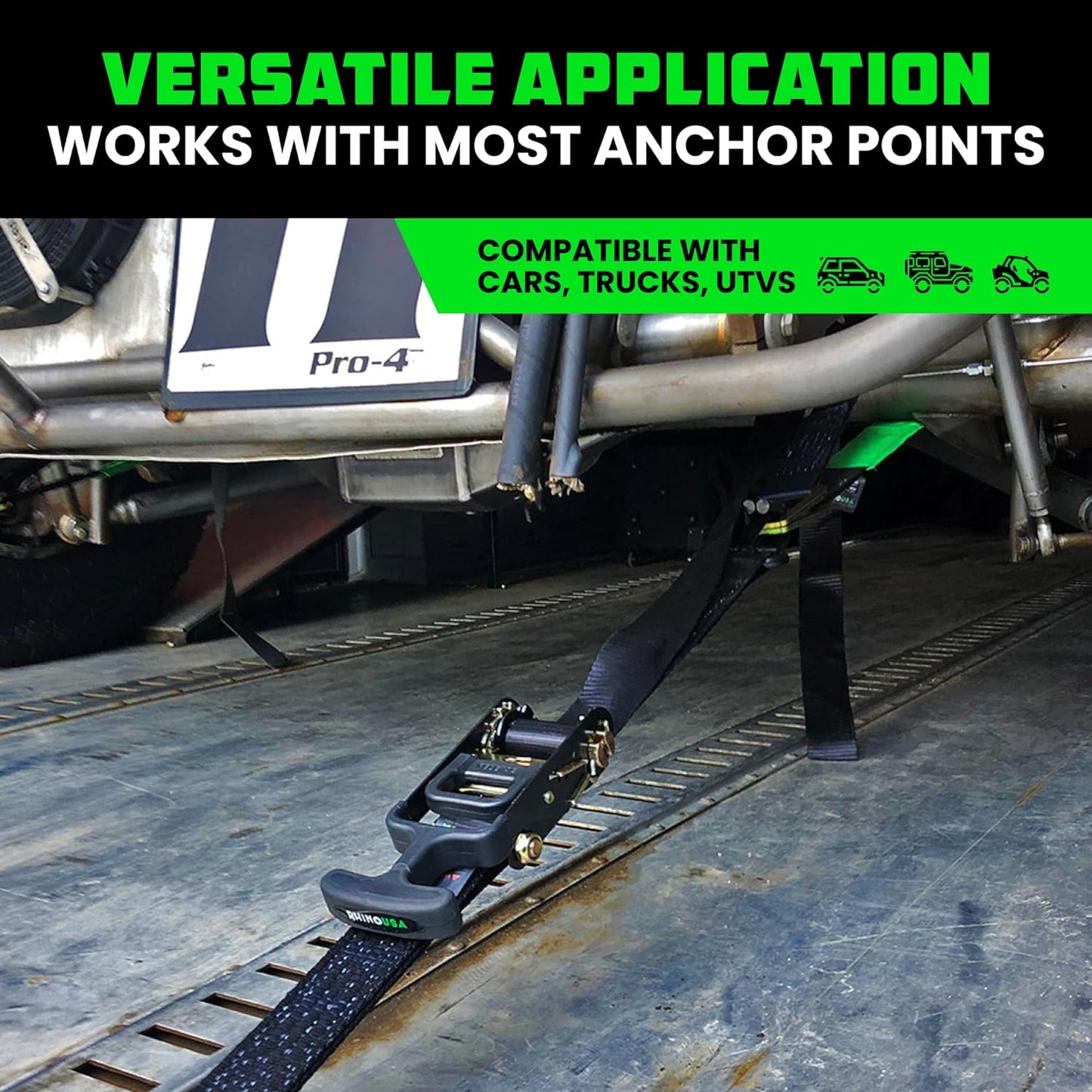 Rhino USA Car Tie Down Straps for Trailers with J Hooks (4-Pack) – 2" x8' (10,000lb Break Strength) – Heavy Duty Car Hauler Tire Straps with Axle Straps for UTV, Powersports & More – Black