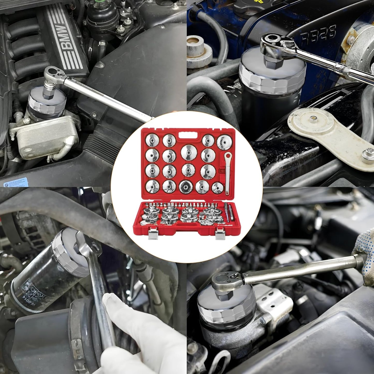 Auto Oil Filter Socket Wrench Set, Cup Type 1/2 inch Drive Cap Removal Tool, with Drain Plug Socket Set/Adjustable/Drive, Compatible, all Models Car, SUV, Oil Filter (58, RED)