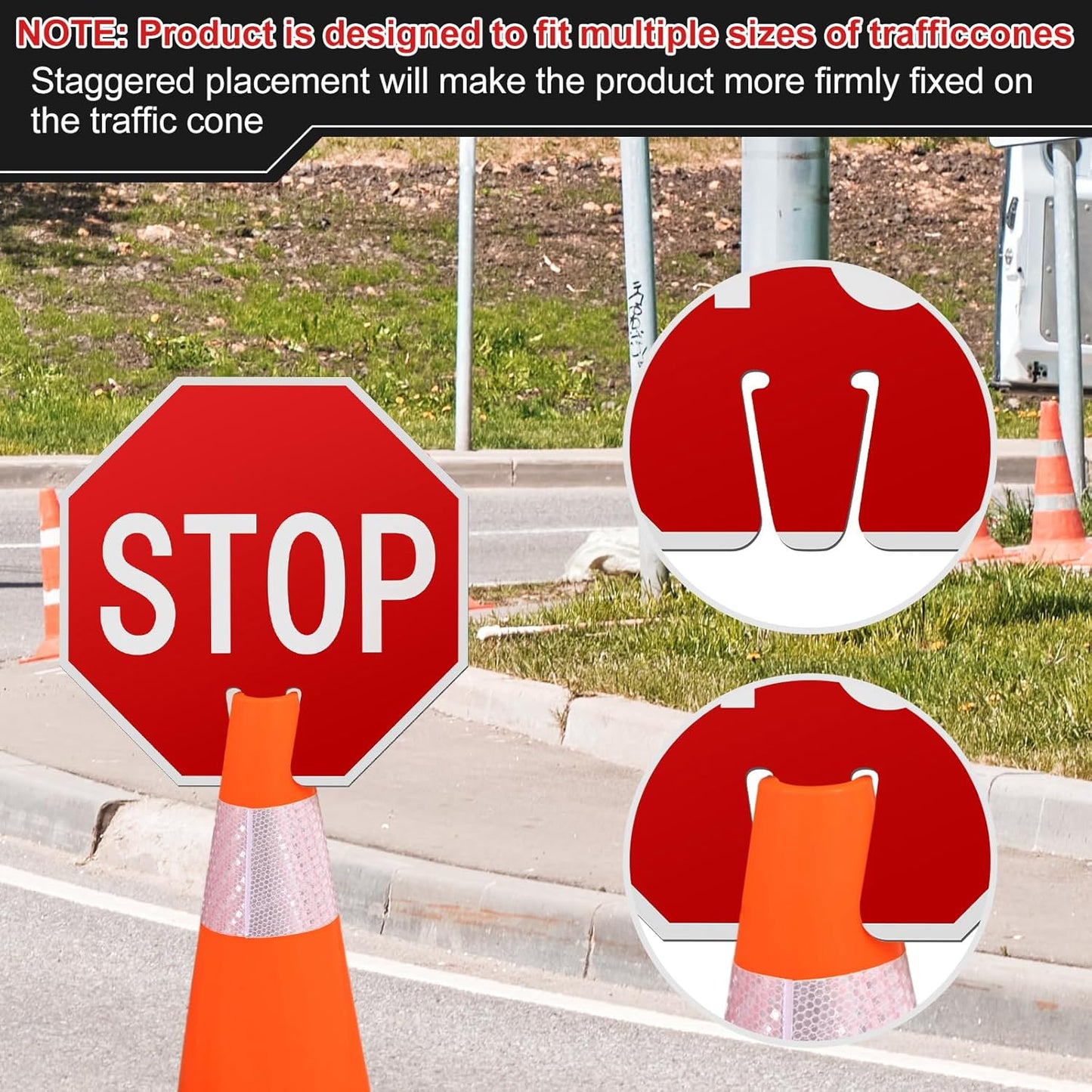 Geetery 6 Pcs Stop Signs 12 x 12 Inches PVC Traffic Cones Top Warning Signs Double Sided for Street Road Barricade Outdoor Weather Resistant Construction