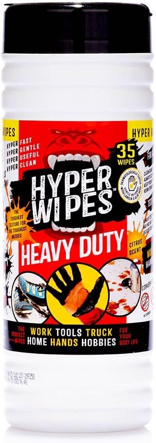 Hyper Wipes, 1 Pack Heavy Duty Hand & Tool Cleaning Wipes, 7"x12" Size Multi-Surface Cleaning Wipes, Degreasing, All Purpose Cleaner, Bathroom, Mechanic, Work Surface Wipes, 35 Count Canister