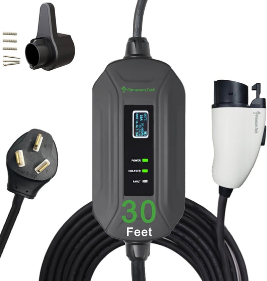 PRIMECOM Level 2 EV Charger 220/240V, 16A, 30ft & 50ft, Portable EVSE Electric Vehicle Charging Cable Compatible with Bolt Volt Leaf BMW i3 Fiat 500e Clarity NIRO Prius (30 Feet, 10-50P)