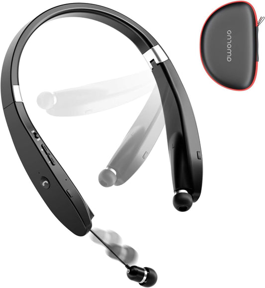 AMORNO Foldable Bluetooth Headphones Wireless Neckband Headset with Retractable Earbuds, Sports Sweatproof Noise Cancelling Stereo Earphones with Mic