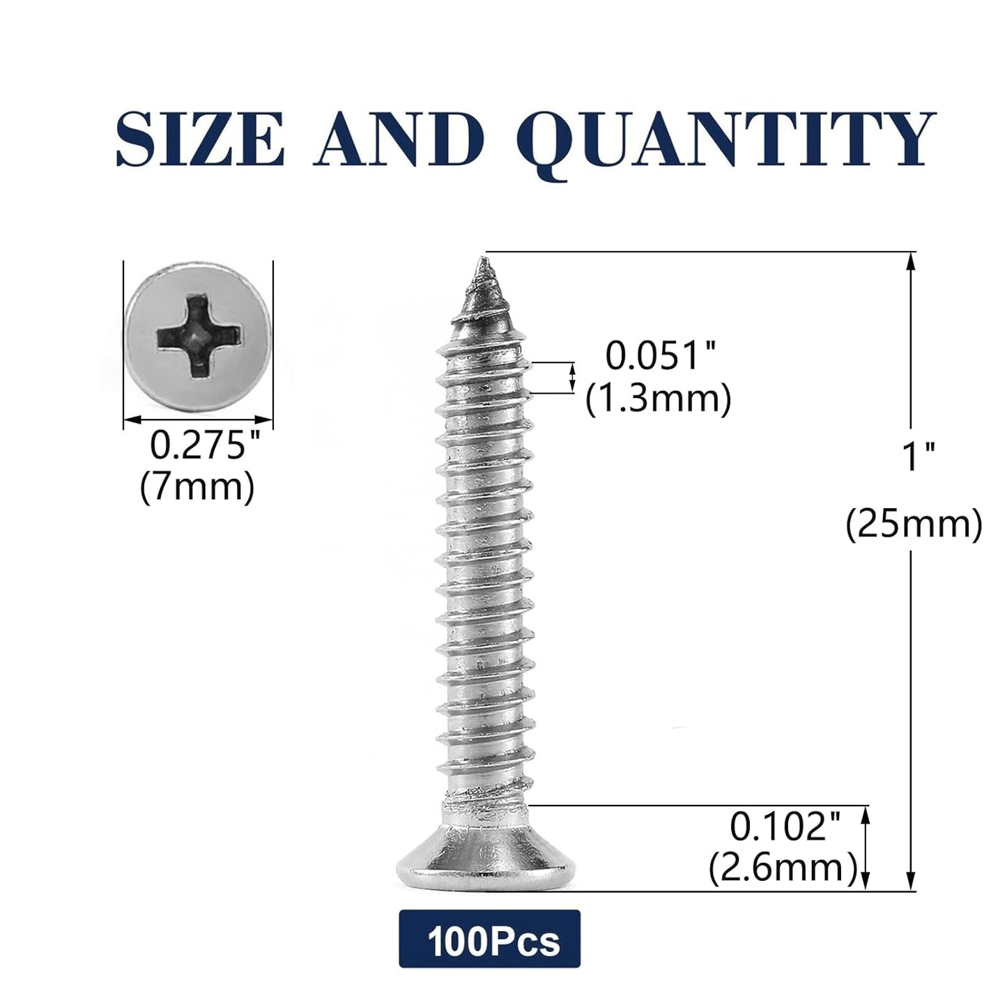 #6 x 1" Wood Screw 100Pcs 18-8 (304) Stainless Steel Screws Flat Head Phillips Fast Self Tapping Drywall Screws by SG TZH