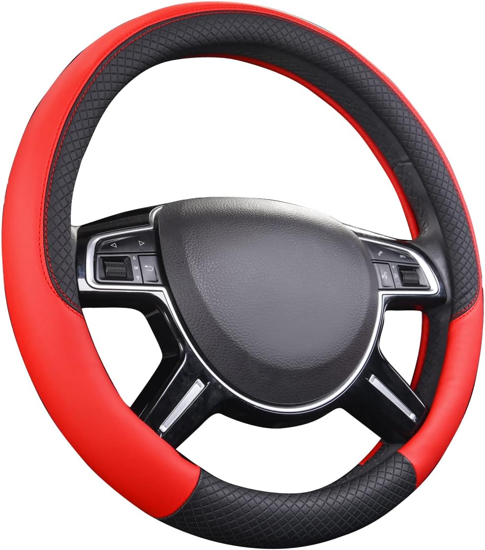 CAR PASS Rhombus Leather Universal Steering Wheel Cover, Fit for Suvs,Trucks,Cars,Sedans,Vans (Black&Red)
