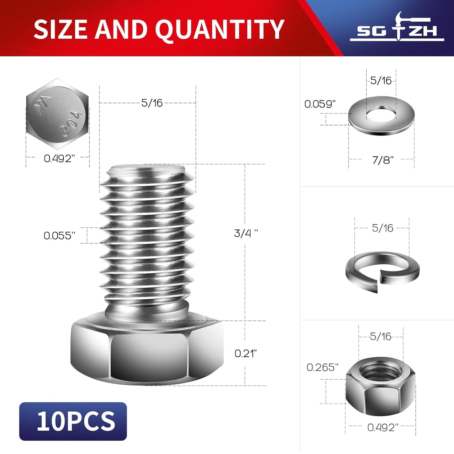 5/16-18 x 3/4" Hex Head Screw Bolt, Nuts, Flat & Lock Washers, 10Pcs 18-8 (304) Stainless Steel, Fully Threaded, by SG TZH