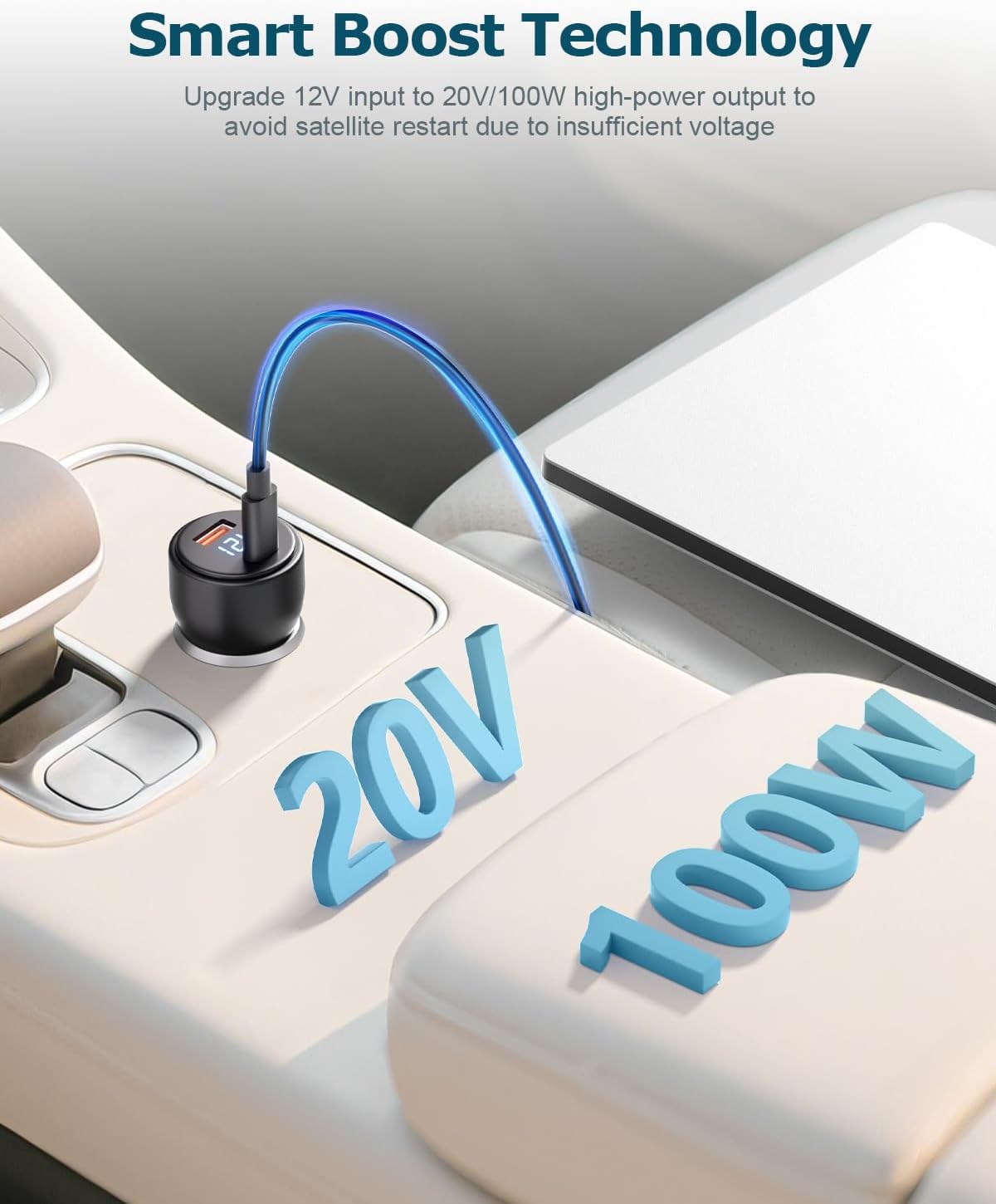 3 in 1 Starlink Mini Cable Cigarette Lighter 10FT Car Adapter for Starlink Mini USB C to DC Power Cable and Car Charger Smart Boost 12V to 20V/100W with Voltmeter USB C 100W/USB A 18W Port 18AWG 3M