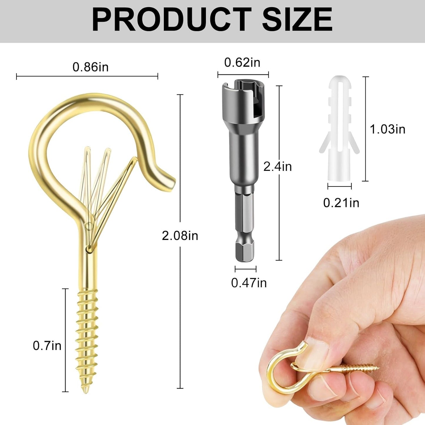 96 PCS Q-Hanger Hooks, Screw Hooks for Outdoor String Lights, Safety Buckle Design Cup Eye Hook for Hanging Christmas Lights, Plants, Mounted on Wall Ceiling, Include 1 Wing Nut Driver, Gold