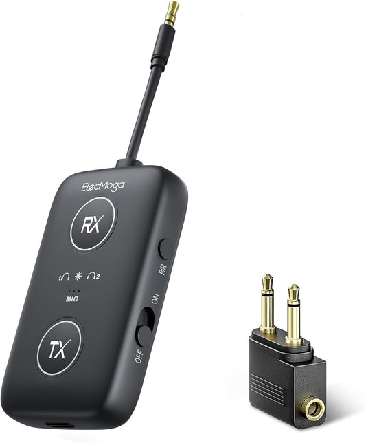 2025 Upgraded Airplane Bluetooth 5.4 Adapter with aptX Adaptive, ElecMoga Airplane Travel Essentials Supports 2 AirPods or Headphones, 2-in-1 AUX Wireless Transmitter Receiver for Gym, TV, Car, Audio