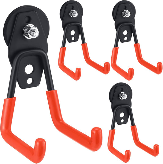 Landhoow Large Magnetic Hooks Heavy Duty Garage Magnet Hooks Strong Storage Utility Magnetic Hangers with Anti Slip Rubber Coating for Indoor and Outdoor Hanging(Orange,4 Pcs)