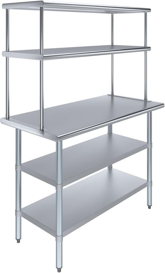 Amgood Stainless Steel Work Table with 2 Shelves | Metal Kitchen Prep Table & Shelving Combo (24" x 48" Table with 2 Shelves + 18" Overshelf)