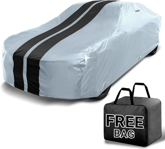 iCarCover Custom Car Cover for Chevy Malibu Wagon (1973-1977) Waterproof All Weather Rain Snow UV Sun Protector Full Exterior Indoor Outdoor Car Cover (Stripe - Gray/Black)