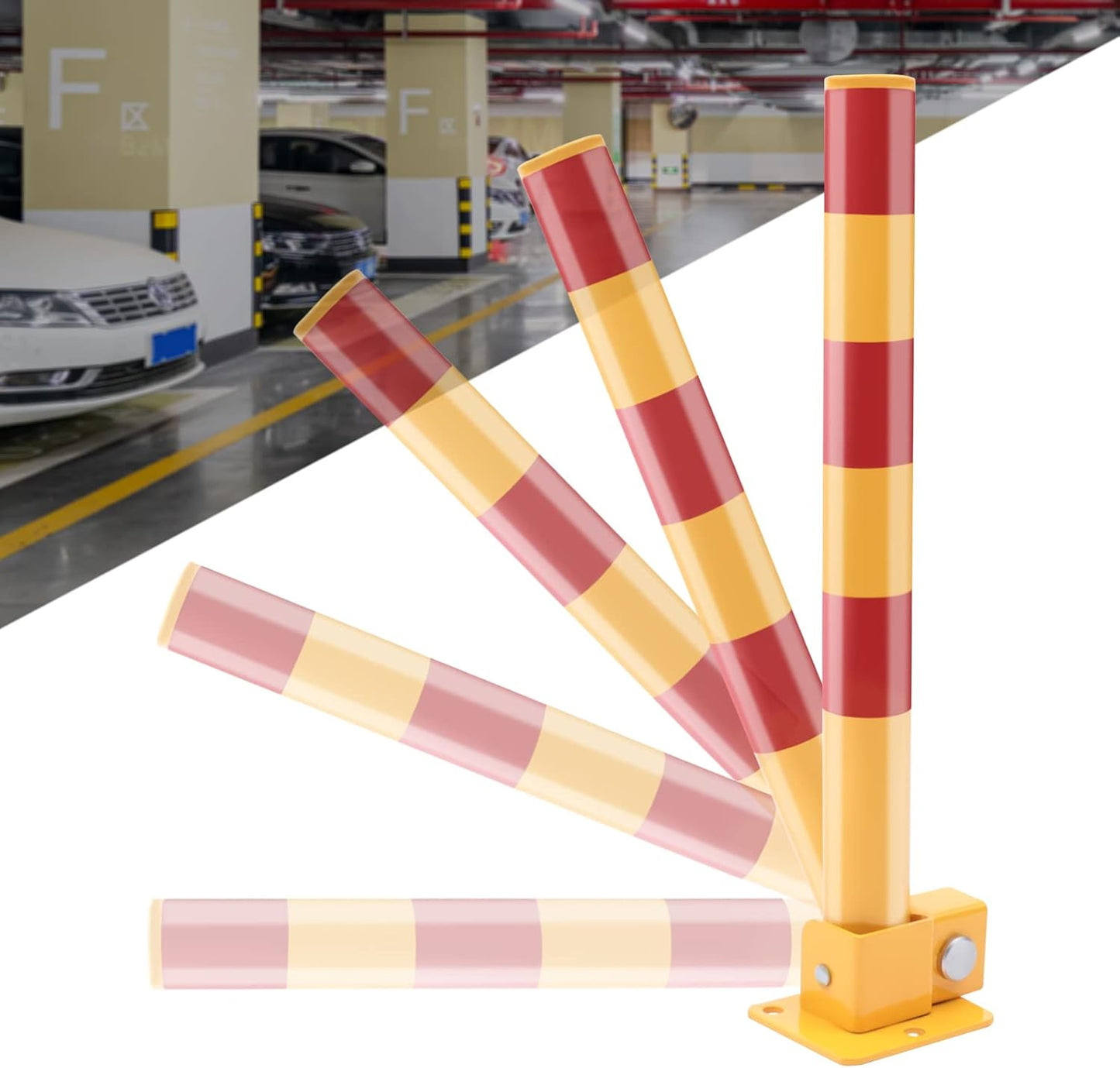 Spring Parking Post Wall Mount Parking Barrier with Lock Folding Metal Parking Obstacle Piles with Warning Stripes Driveway Parking Interceptor Bollard for Parking Lot -Red/Yellow (5.1*4.3*23.6in)