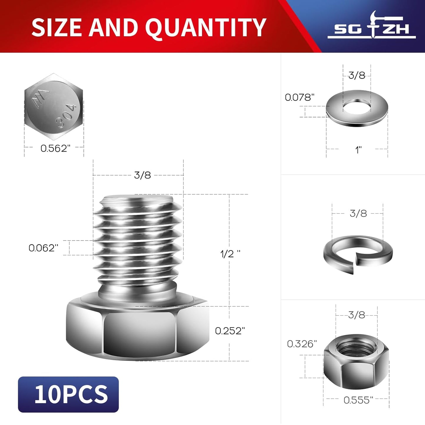 3/8-16 x 1/2" Hex Head Screw Bolt, Nuts, Flat & Lock Washers, 10Pcs 18-8 (304) Stainless Steel, Fully Threaded, by SG TZH
