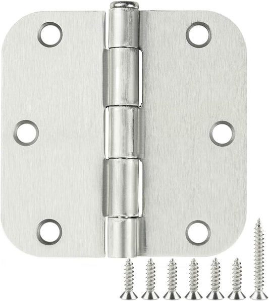 12 Pack Brushed Nickl Door Hinges 3.5 Inch x3-1/2 5/8 Radius Round Interior Hinge 3 ½" Satin Silver Heavy Duty Steel Iron Hardware for Bifold Standard Doors Home House Decor Accessories Kits