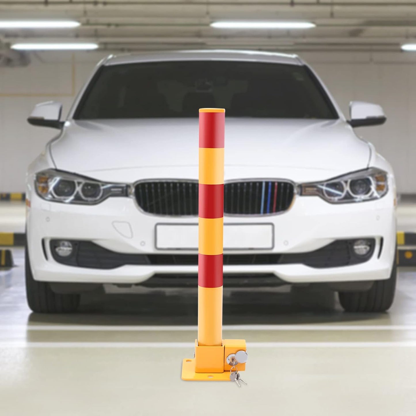 Spring Parking Post Wall Mount Parking Barrier with Lock Folding Metal Parking Obstacle Piles with Warning Stripes Driveway Parking Interceptor Bollard for Parking Lot -Red/Yellow (5.1*4.3*23.6in)