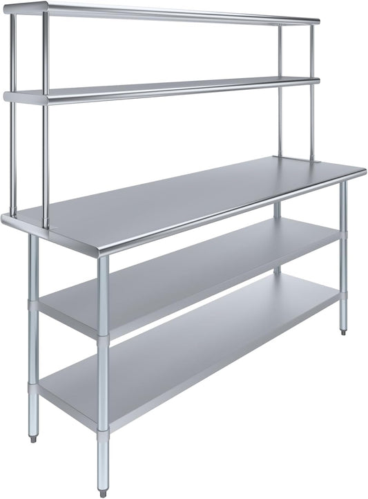 Amgood Stainless Steel Work Table with 2 Shelves | Metal Kitchen Prep Table & Shelving Combo (24" x 72" Table with 2 Shelves + 12" Overshelf)