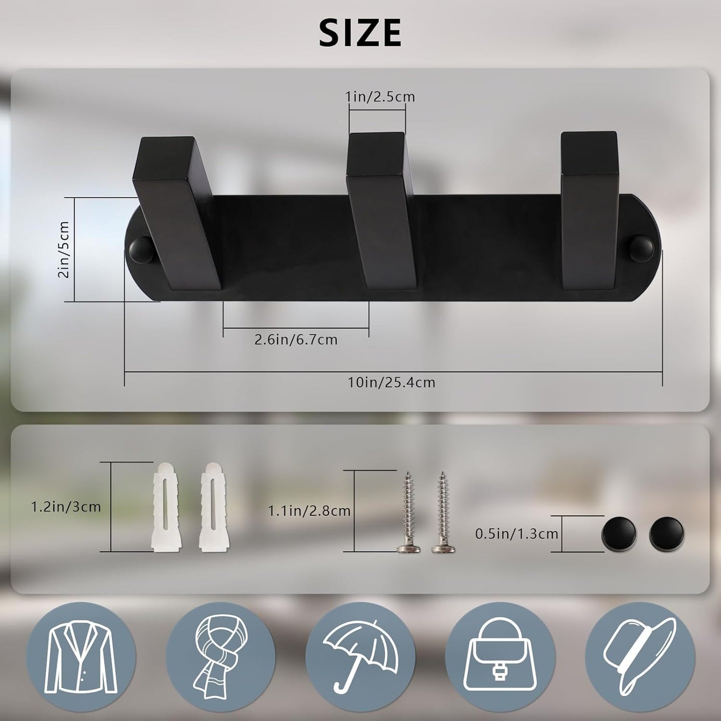 NINETREX Coat Rack Wall Mounted, Black Metal Coat Rack with 3 Coat Hooks Heavy Duty Coat Hanger Hooks Bag Hat Towel Rack for Entryway, Bathroom, Bedroom, Kitchen, and Hallway(Black,Square)