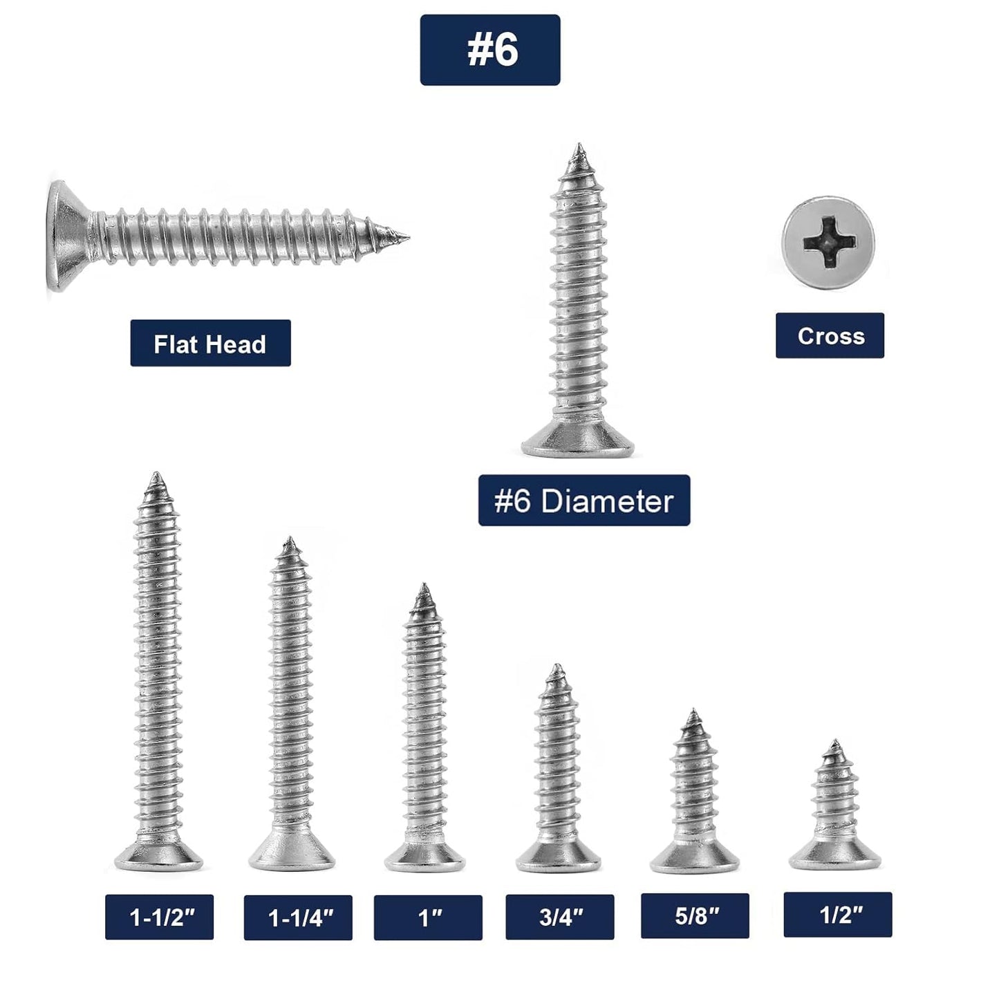 #6 x 1-1/4" Wood Screw 100Pcs 18-8 (304) Stainless Steel Screws Flat Head Phillips Fast Self Tapping Drywall Screws by SG TZH