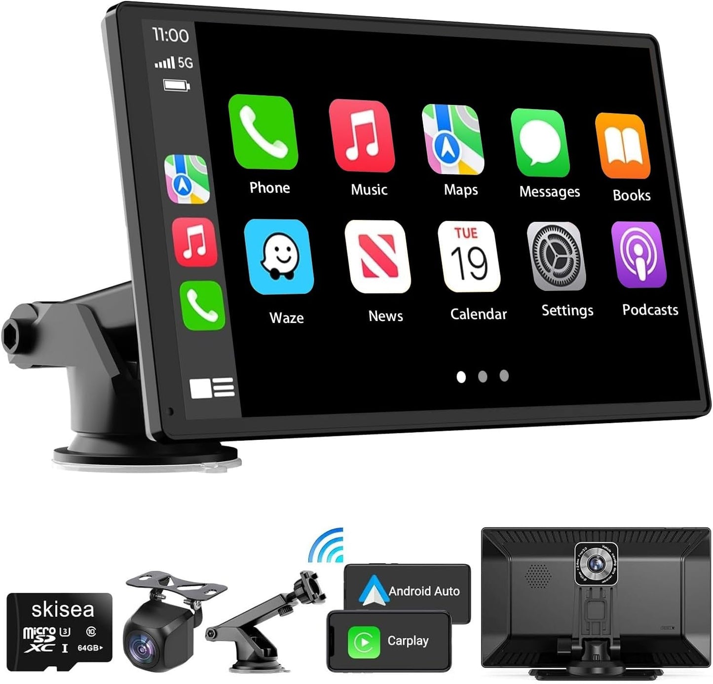 Portable Carplay Screen for Car, 9" Wireless Carplay Touchscreen with 4K Dash Cam, Android Auto Car Stereo, Car Audio Receivers with 1080p Backup Camera, GPS, Bluetooth, FM, Siri