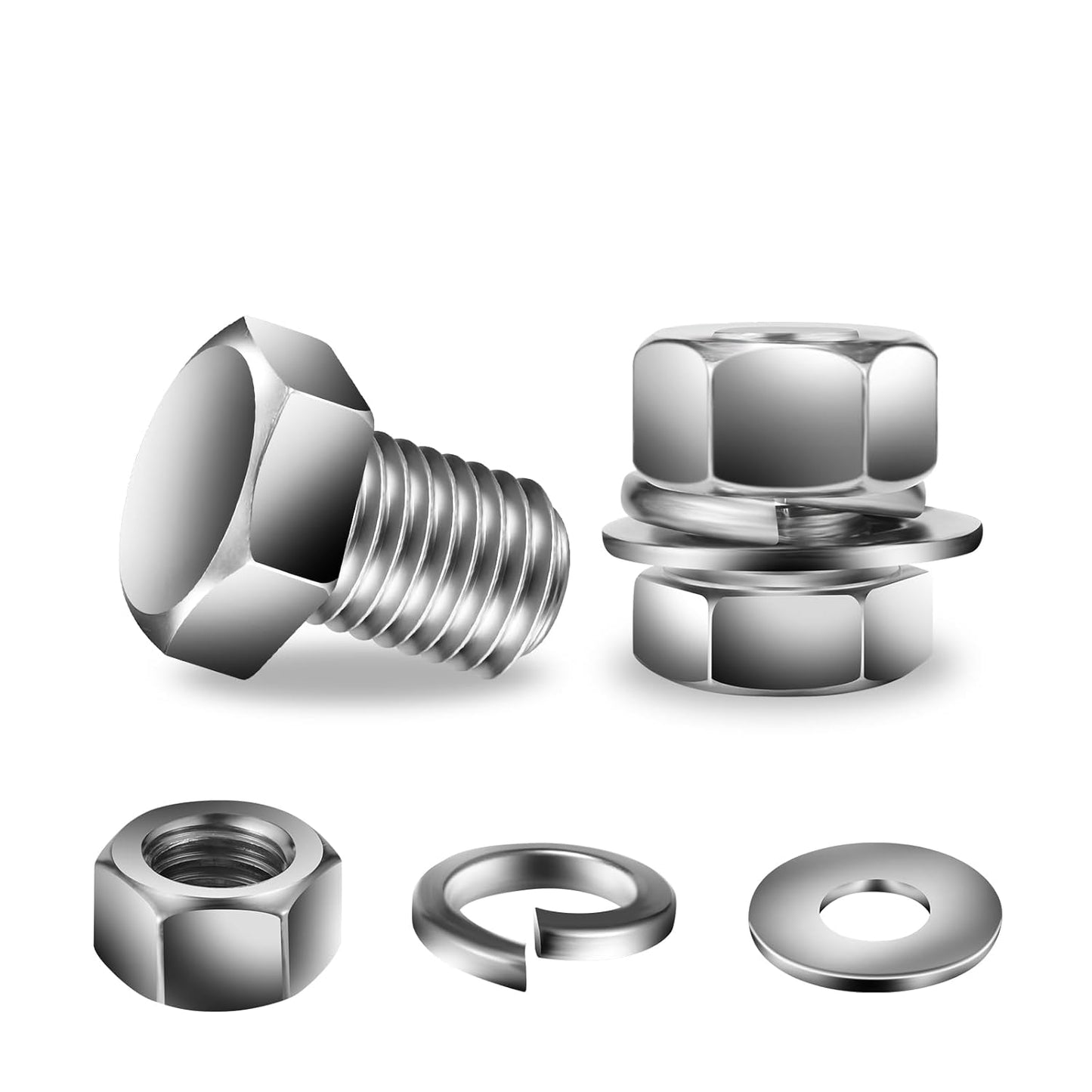 5/16-18 x 5/8" Hex Head Screw Bolt, Nuts, Flat & Lock Washers, 10Pcs 18-8 (304) Stainless Steel, Fully Threaded, by SG TZH