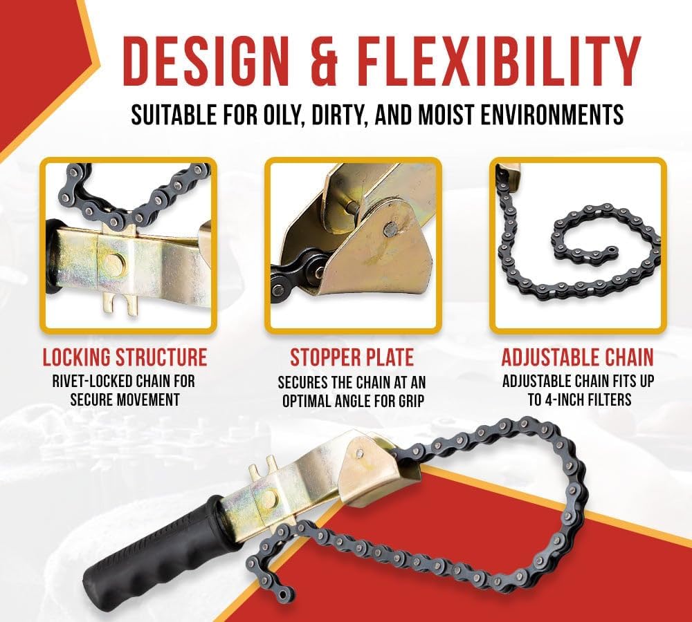 Mytee Products 2 Pack 15" Heavy-Duty Oil Filter Chain Wrench for 4" Diameter Filters – Rivet Locking Mechanism & Ideal for Chain Oil Filter Remover & General Maintenance Tasks