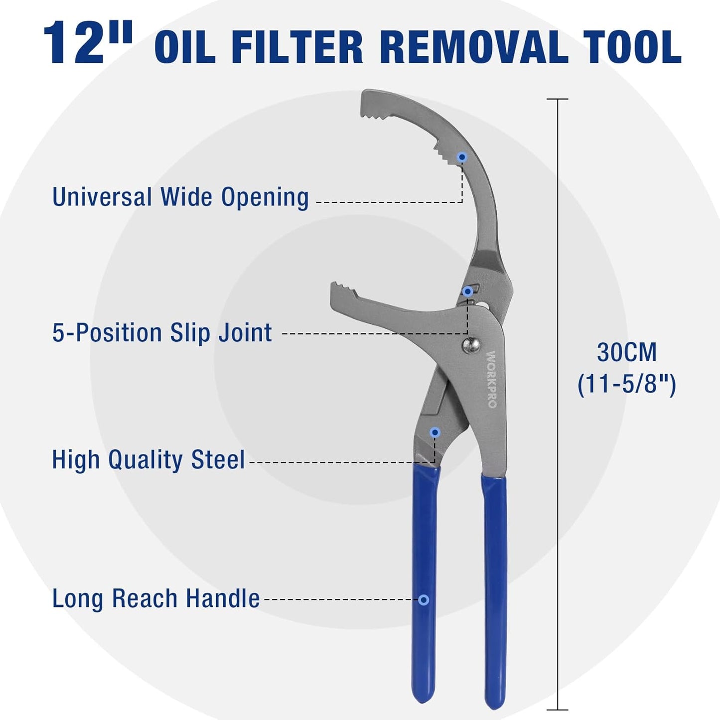 WORKPRO Oil Filter Wrench, 12" Oil Filter Removal Pliers Tools, 5-Position Adjustable Design Fits 2-1/2" to 3-3/4" in Diameter, Ideal for Engine Filters, Cars, and Trucks