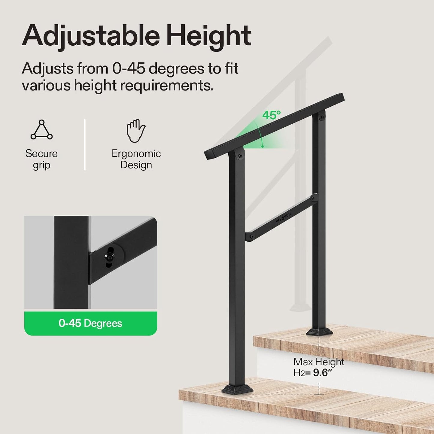 VIVOSUN Outdoor Handrail, 2 Step Stair Handrail, 26" × 36" Fits 1 to 2 Steps, Wrought Mattle Iron Handrail for Concrete Steps, Porch Steps, One-Step Assembly, Black