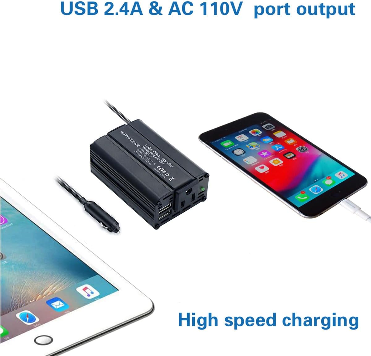 150W Power Inverter 12V DC to 110V AC Car Plug Adapter Outlet Converter with 2.4A Dual USB AC car Charger for Laptop Computer Black