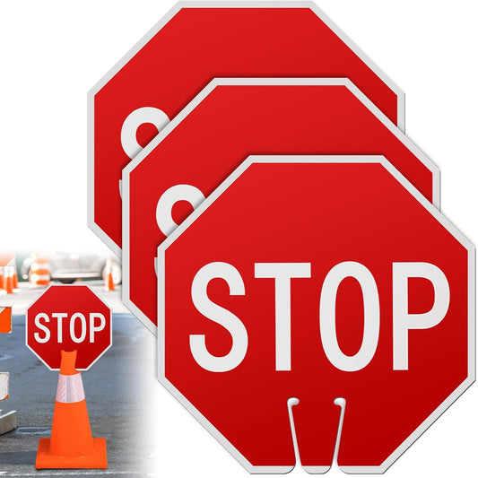 Geetery 3 Pcs Stop Signs 12 x 12 Inches PVC Traffic Cones Top Warning Signs Double Sided for Street Road Barricade Outdoor Weather Resistant Construction