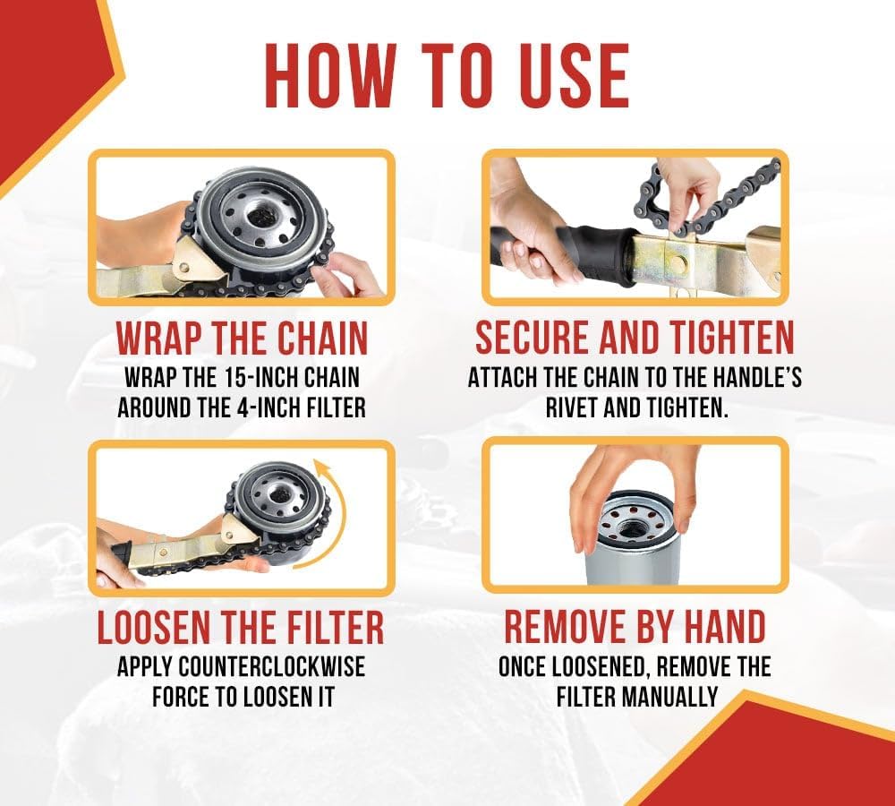 Mytee Products 15" Heavy-Duty Oil Filter Chain Wrench for 4" Diameter Filters – Rivet Locking Mechanism & Ideal for Chain Oil Filter Remover & General Maintenance Tasks