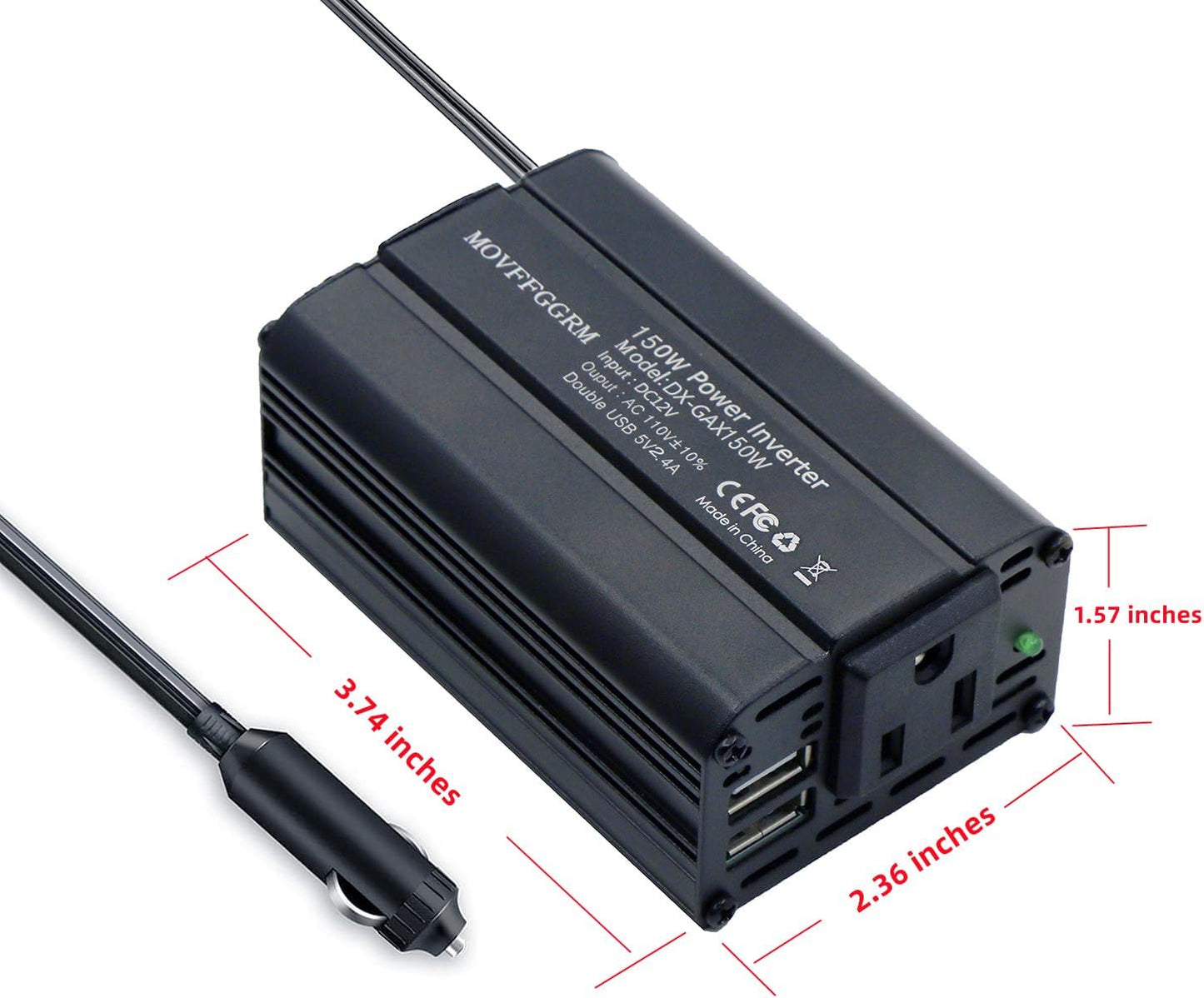 150W Power Inverter 12V DC to 110V AC Car Plug Adapter Outlet Converter with 2.4A Dual USB AC car Charger for Laptop Computer Black