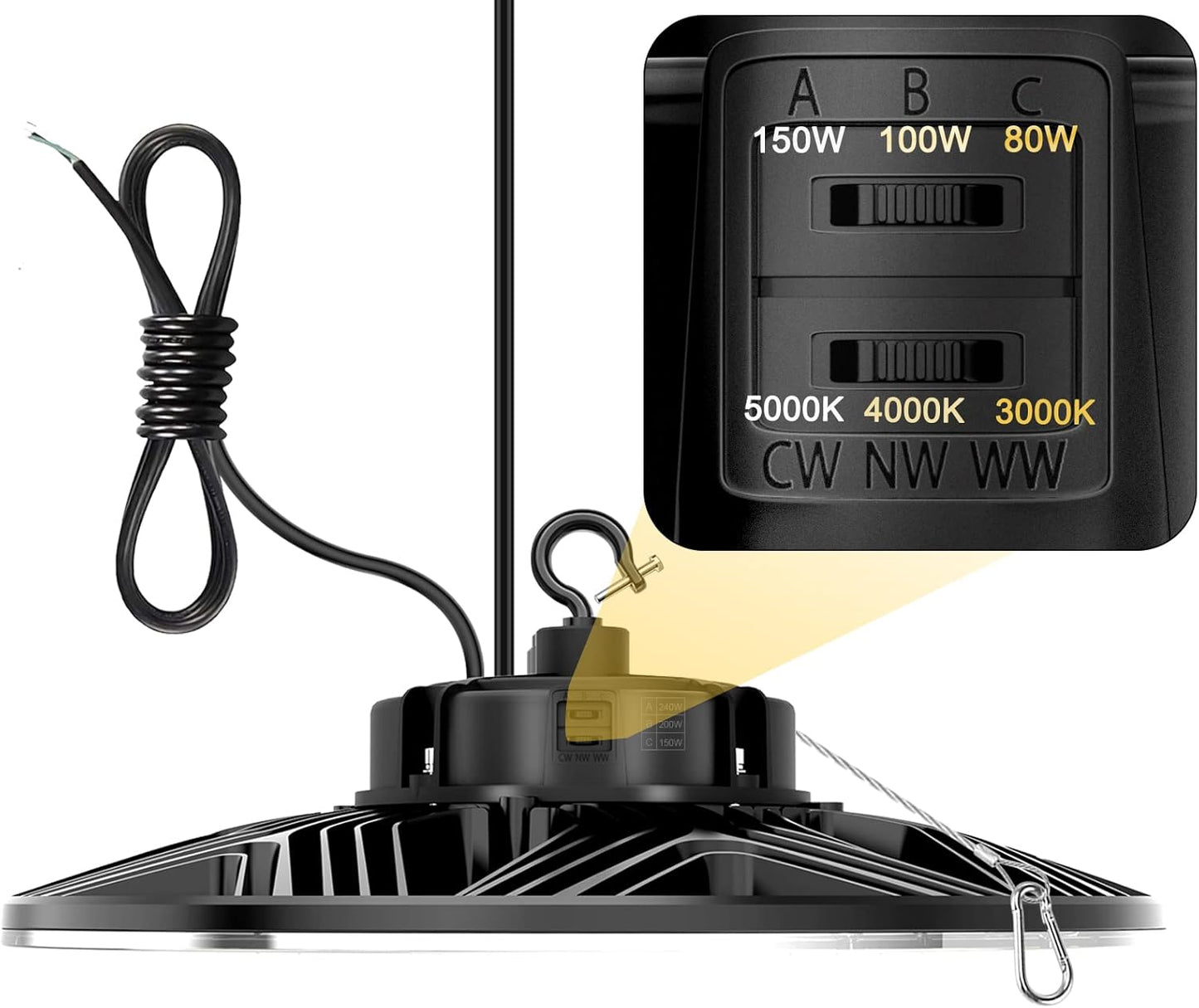 UFO LED High Bay Light, 150W/100W/80W Adjustable, 3000K/4000K/5000K Adjustable, UL & DLC Listed 21000LM 0-10V Dimmable IP65 Waterproof High Bay Lights AC100-277V for Warehouse Factory