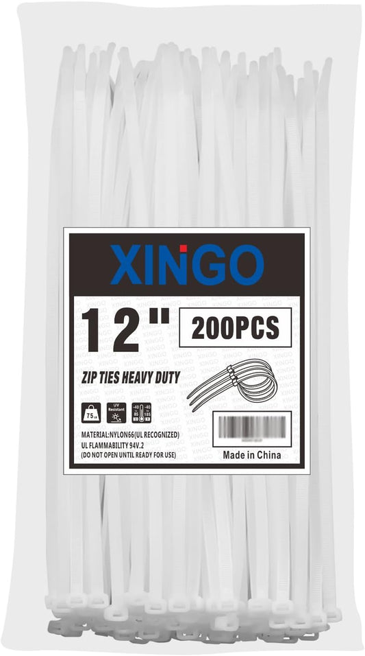 XINGO 12 Inch White Zip Ties 200 PCS, 75 LBS Ultra Strong Tensile Strength, UV Resistant Cable Ties, Self-locking Plastic Ties for Indoor and Outdoor Use