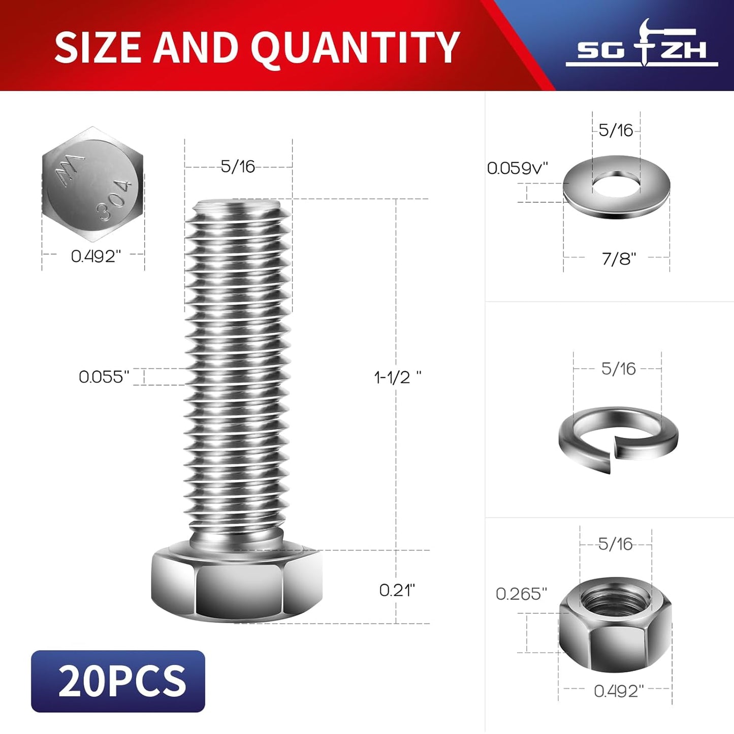 5/16-18 x 1-1/2" Hex Head Screw Bolt, Nuts, Flat & Lock Washers, 20Pcs 18-8 (304) Stainless Steel, Fully Threaded, by SG TZH