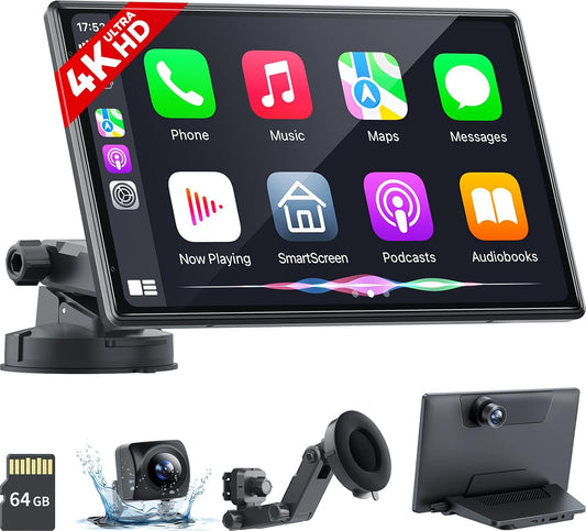 Wireless Portable Carplay Screen with 4K Dash Cam, Android Auto, 9'' Auto-Dimming Screen with Strongest Suction Mount, GPS Navigation for Car, 1080P Backup Camera, Loop Recording