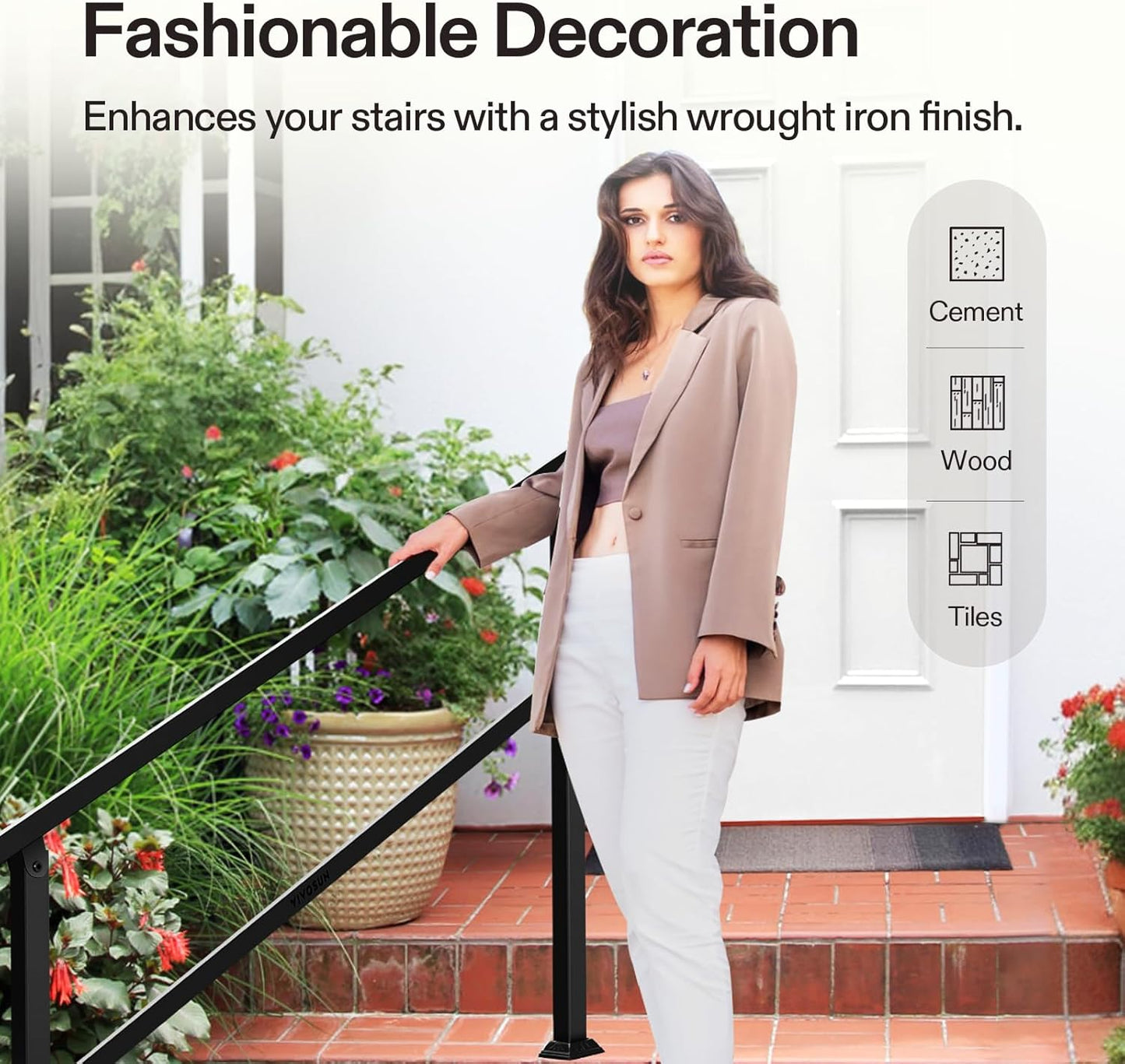 VIVOSUN Outdoor Handrail, 4 Step Stair Handrail, 54" x 36" Fits 1 to 4 Steps, Wrought Mattle Iron Handrail for Concrete Steps, Porch Steps, One-Step Assembly, Black